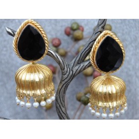 Black Melanite Garnet Paan Semi-precious 18K Gold Plated Jhumka Earrings 